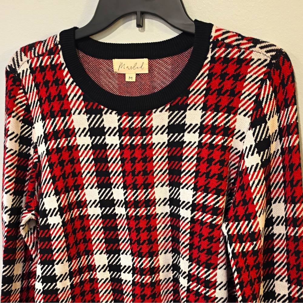 Marled Women's Red Black White Knit Crew Neck Plaid Pullover Sweater M #293